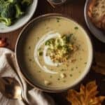 Bowl of cream of broccoli soup topped with shredded cheese and fresh herbs