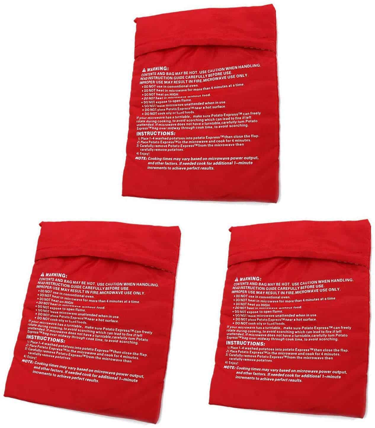 KISEER 3 Pack Reusable Microwave Potato Bag Baked Potato Cooker Pouch, Red