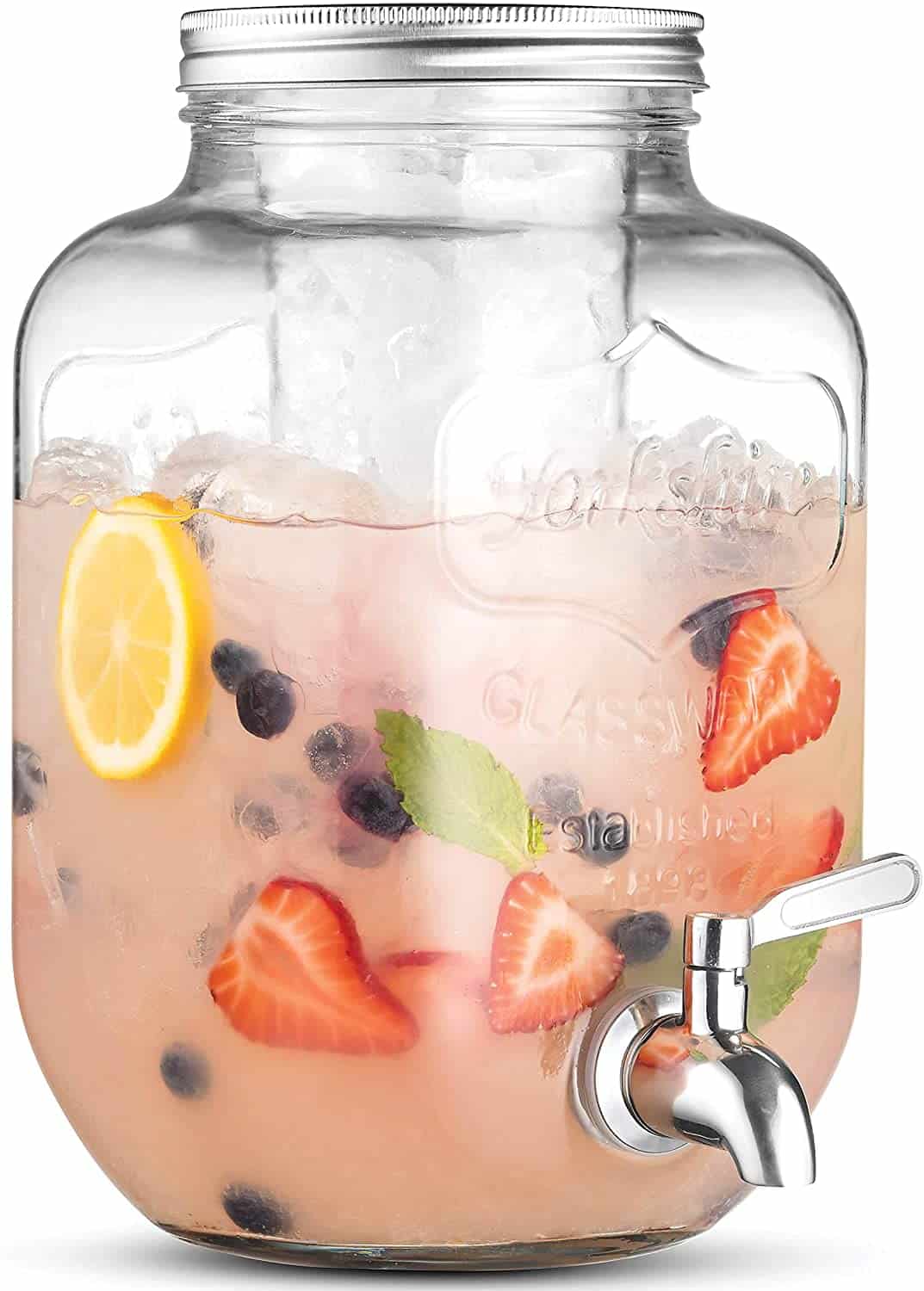 1 Gallon Glass Beverage Dispenser with 18/8 Stainless Steel Spigot - 100%Leak Proof - Wide Mouth Easy Filling - Drink Dispenser with Ice Cylinder Keeps Beverage Cold For Outdoor, Parties and Daily Use