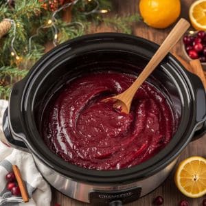 Crock pot filled with creamy cranberry butter topped with fresh cranberries