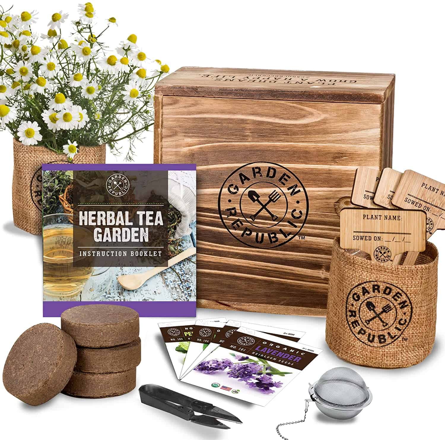 Indoor Herb Garden Seed Starter Kit - Herbal Tea Growing Kits, Grow Medicinal Herbs Indoors, Lavender, Chamomile, Lemon Balm, Mint Seeds for Planting, Soil, Plant Markers, Pots, Infuser, Planter Box