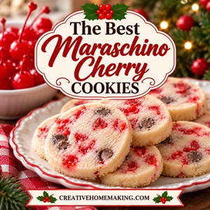 These maraschino cherry cookies are a festive treat for your Christmas baking list! Buttery slice-and-bake cookies are filled with sweet red cherries and chocolate chips for a delicious combination of flavors. Their pretty red and white colors make them perfect for Christmas cookie trays, holiday parties, and Christmas cookie exchanges. Save this easy recipe for your holiday baking!