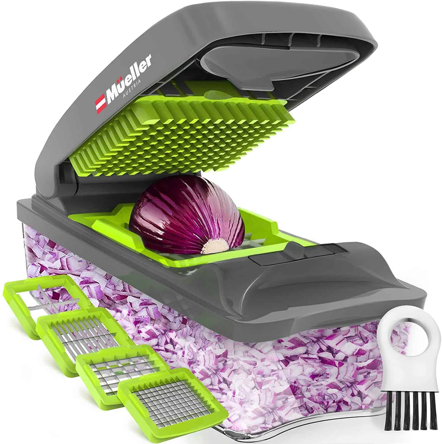 Mueller Vegetable Chopper - Heavy Duty Vegetable Slicer - Onion Chopper with Container - Food Chopper Slicer Dicer Cutter - 4 Blades