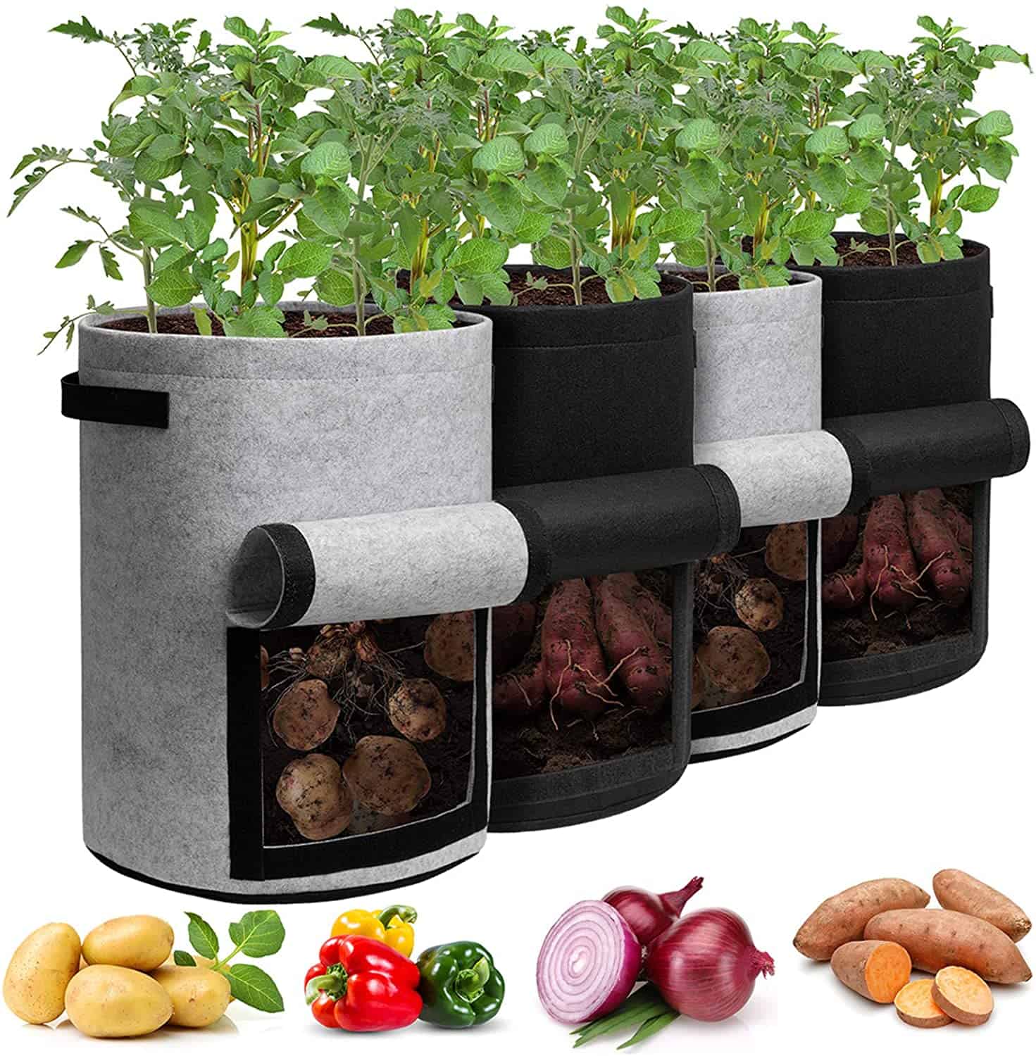 Potato Grow Bags with Flap 10 Gallon, 4 Pack Planter Pot with Handles and Harvest Window for Potato Tomato and Vegetables, Black and Gray