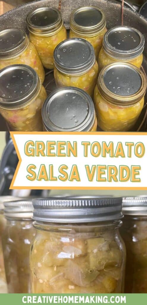 Easy recipe for canning green tomato salsa verde from fresh green tomatoes.