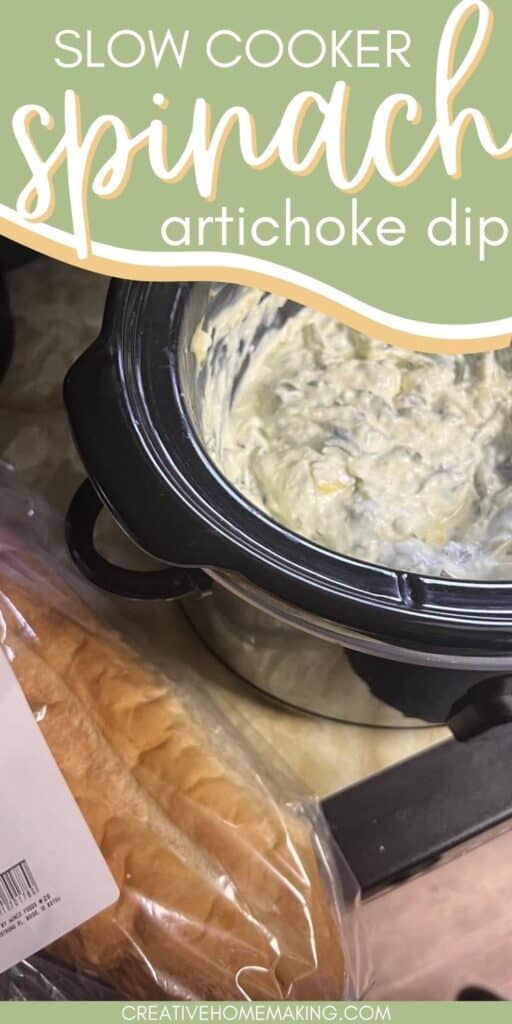 Easy recipe for slow cooker spinach artichoke dip. Great holiday appetizer idea!