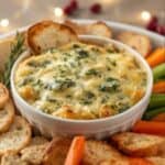 Slow cooker spinach artichoke dip in a bowl with chips and bread slices