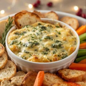 Slow cooker spinach artichoke dip in a bowl with chips and bread slices