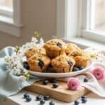 Blueberry muffins with crumble topping on a brunch table