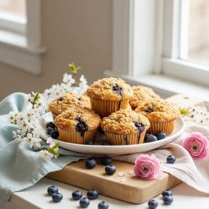 Blueberry muffins with crumble topping on a brunch table