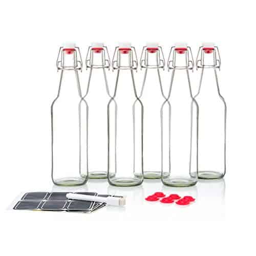 Swing Top Glass Bottles - Flip Top Brewing Bottles For Kombucha, Kefir, Beer - Clear Color - 16oz Size - Set of 6 - Leak Proof Easy Caps, Bonus Gaskets, Chalkboard Labels and Pen - Fast Clean Design