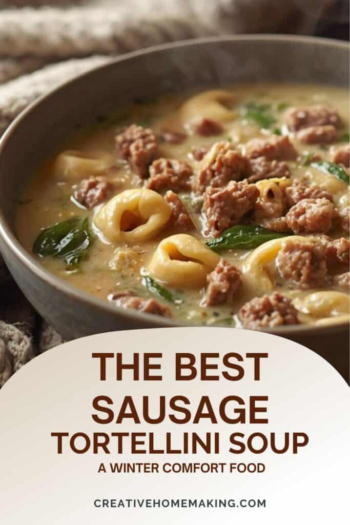 Pot of sausage tortellini soup simmering with spinach, sausage, and tortellini