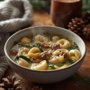 Bowl of creamy sausage tortellini soup topped with spinach and parmesan cheese
