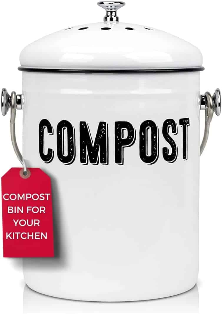 Kitchen Compost Bin Countertop, Indoor Compost Bin, Countertop Compost Bin with Lid, 100% Rust Proof Compost Bucket w/Non-Smell Charcoal Filters, 1.3 Gallon - White