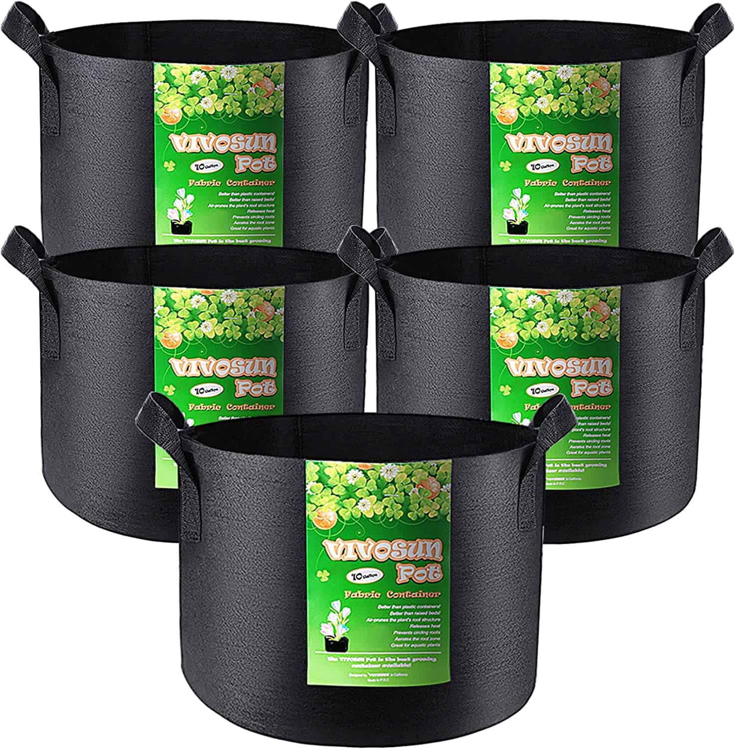 5-Pack 10 Gallon Plant Grow Bags, Heavy Duty Thickened Nonwoven Fabric Pots with Handles