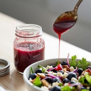 Homemade blueberry vinaigrette in a glass jar beside a fresh green salad with blueberries and goat cheese