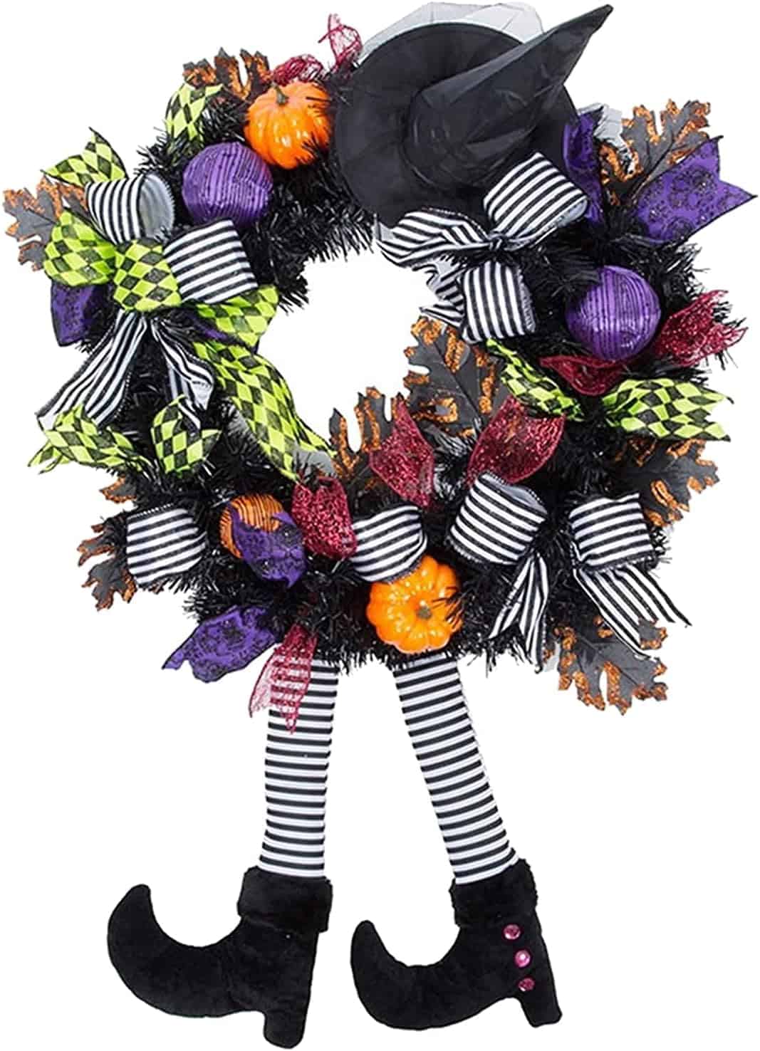 24 Inch Witch Halloween Wreath with Hat Witches Legs Pumpkin, Halloween Decorations for Door,Porch,Window,Indoor and Outdoor Decor