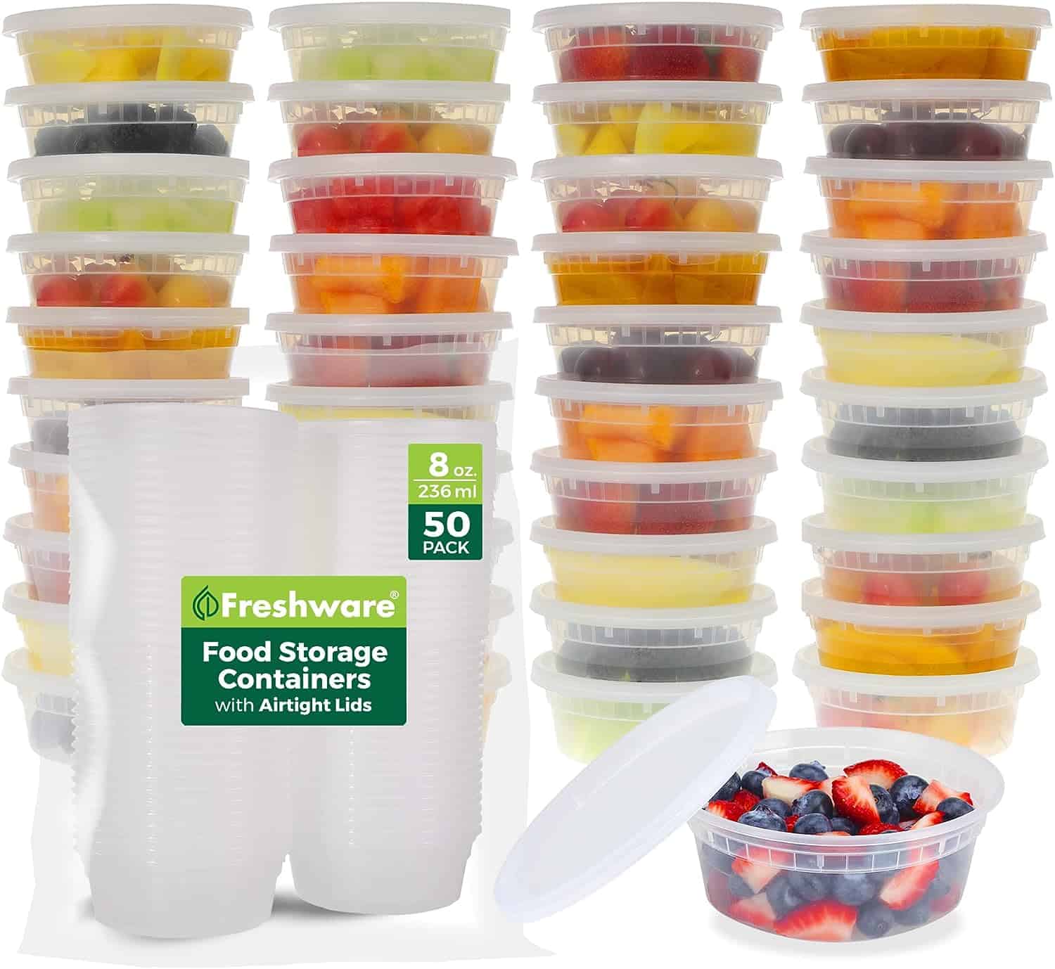 Freshware Food Storage Containers [50 Set] 8 oz Plastic Deli Containers with Lids, Slime, Soup, Meal Prep Containers | BPA Free | Stackable | Leakproof | Microwave/Dishwasher/Freezer Safe