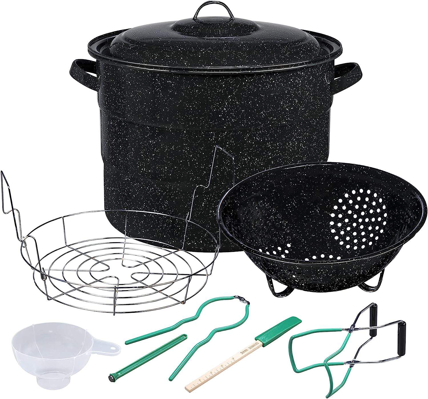 Granite Ware 9 Piece Enamelware Water bath Canning Pot (Speckled Black) with Canning Toolset, Colander and Rack. Canning Supplies Starter Kit