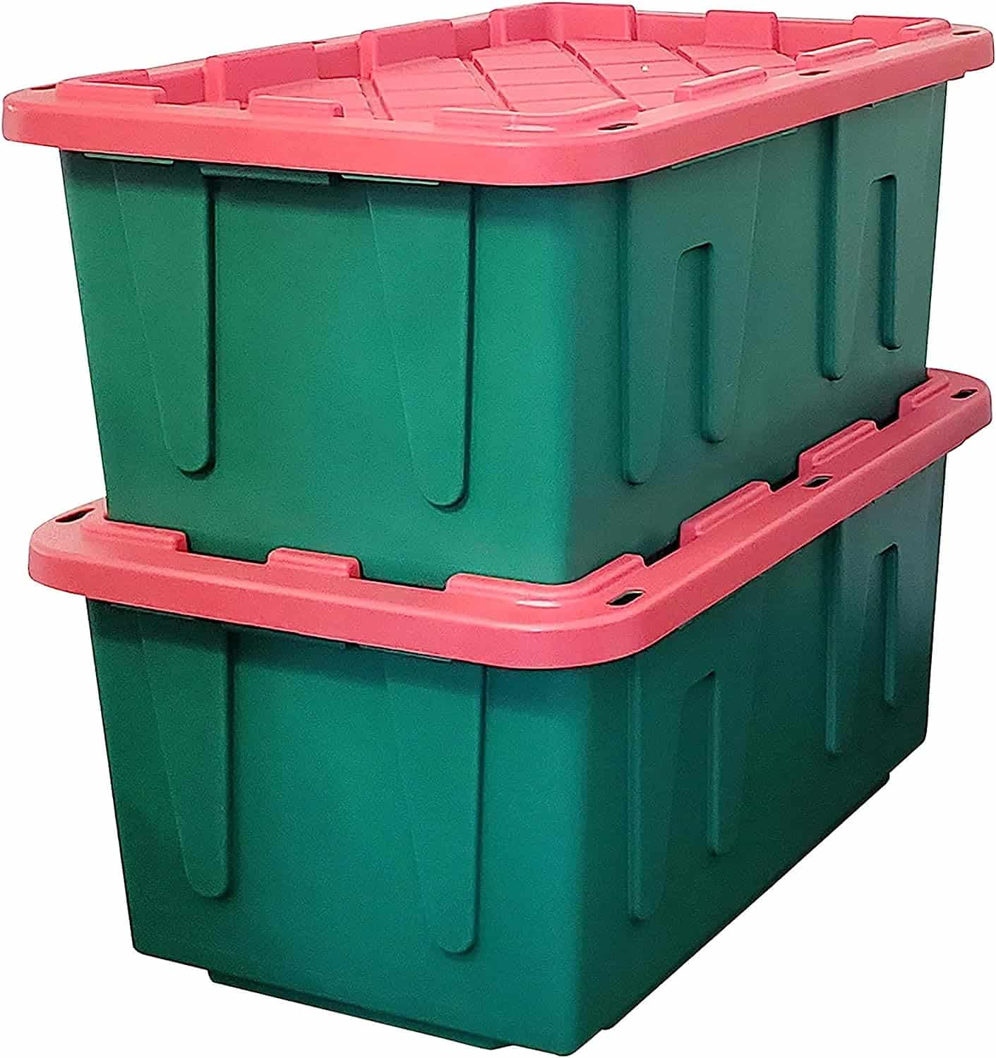 Durabilt 27 Gallon Heavy Duty Impact Resistant Stackable Holiday Storage Tote with Snap-Fit Lid, Green/Red (2 Pack)