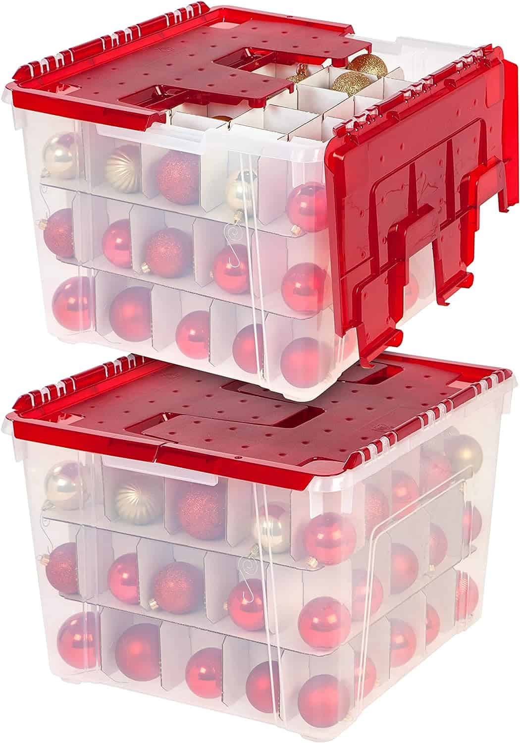 60 Qt. 2 Pack Ornament Storage Box with Hinged Lid and Dividers, Clear/Red