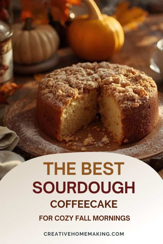 Sourdough coffee cake with crumb topping and cinnamon sticks beside it