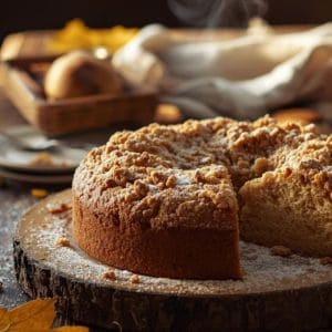 Slice of sourdough coffee cake topped with cinnamon crumble on a fall table