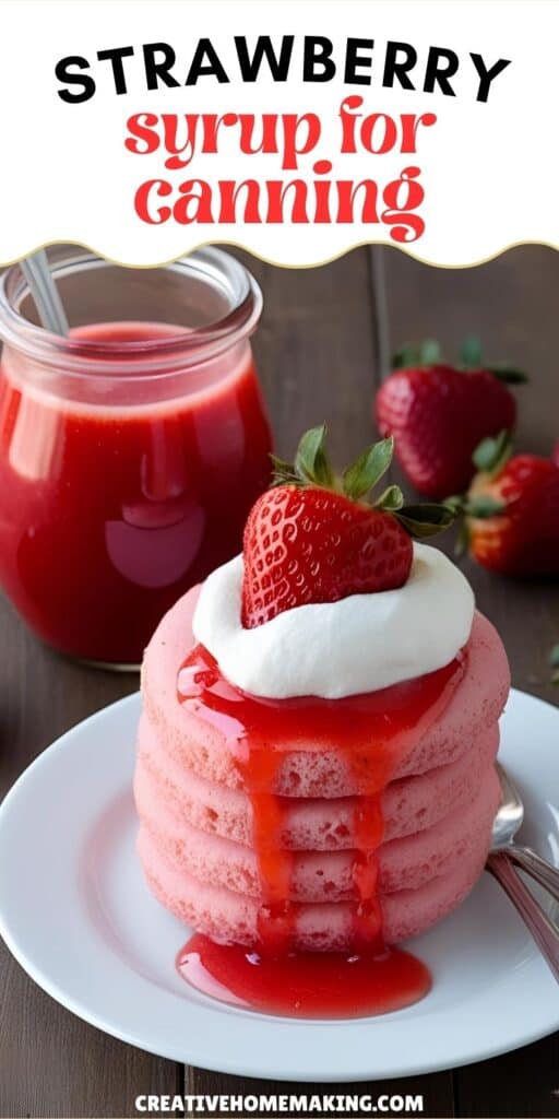 Jar of homemade strawberry syrup with fresh strawberries and pancakes in the background