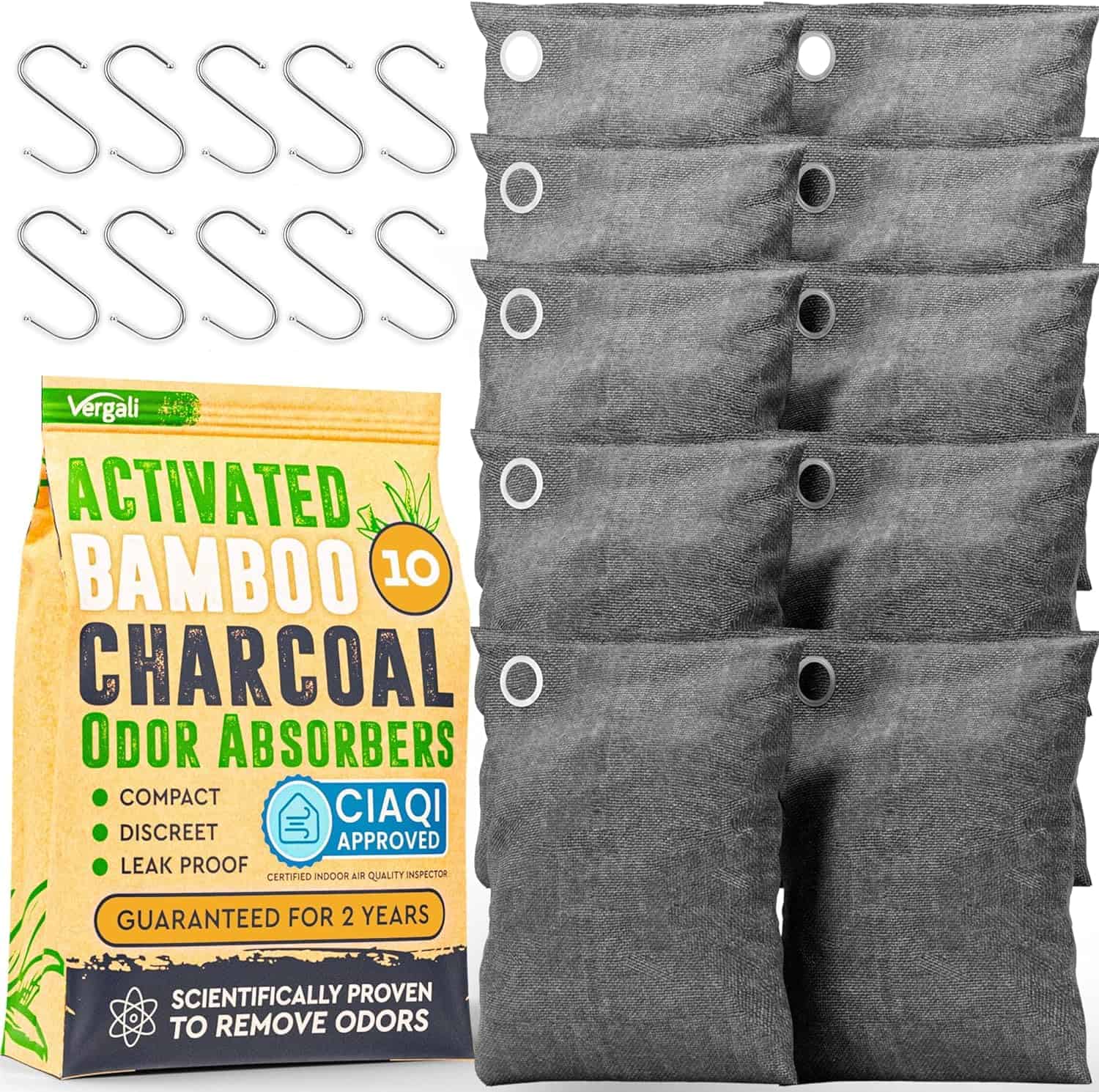 Activated Charcoal Odor Absorber 10x3.5oz w Hooks. Nature Fresh Bamboo Charcoal Air Purifying Bag Home Closet Air Freshener Deodorizer Odor Eliminator