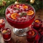 Glasses of sparkling cranberry punch with orange slices and cranberries