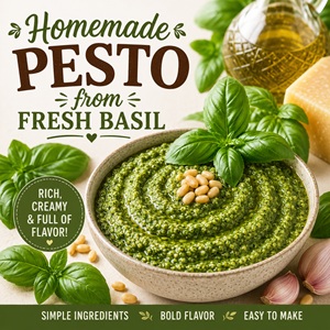 This easy homemade basil pesto comes together with simple ingredients and is packed with fresh flavor. Use it as a pasta sauce, sandwich spread, pizza topping, dip, or sauce for grilled chicken and vegetables. Perfect for summer garden cooking and homemade meals.