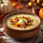 Bowl of creamy loaded baked potato soup topped with cheese, bacon, and green onions