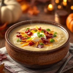 Bowl of creamy loaded baked potato soup topped with cheese, bacon, and green onions