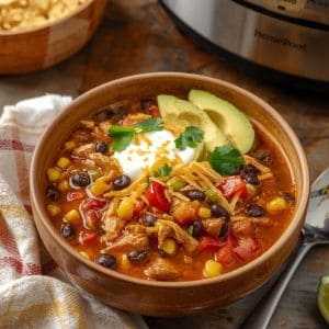 Bowl of chicken taco soup topped with cheese, avocado, and tortilla strips