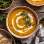 Pumpkin curry soup served with a slice of crusty bread
