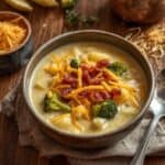 Bowl of broccoli cheese and potato soup topped with shredded cheddar and fresh herbs