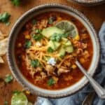 Chicken enchilada soup with beans, corn, and melted cheese on top