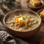 White chicken chili in a pot with a wooden spoon stirring