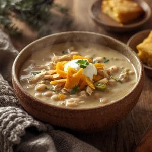 White chicken chili in a pot with a wooden spoon stirring
