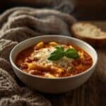 Cheesy lasagna soup in a bowl with melted mozzarella and parmesan