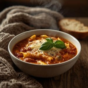 Cheesy lasagna soup in a bowl with melted mozzarella and parmesan