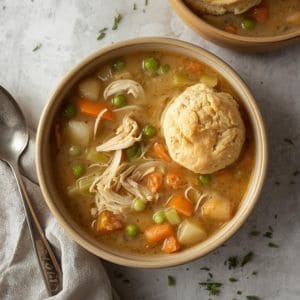 Bowl of creamy chicken pot pie soup with puff pastry on top