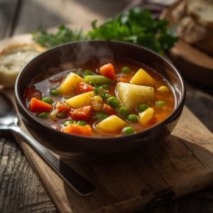 Bowl of homemade vegetable soup filled with carrots, potatoes, and green beans on a rustic table