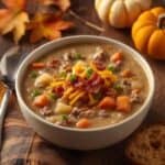 Bowl of cheeseburger soup with melted cheddar and chopped parsley on top