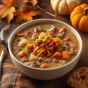 Bowl of cheeseburger soup with melted cheddar and chopped parsley on top