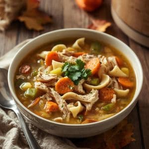 Steaming bowl of chicken noodle soup surrounded by fall leaves and bread slices