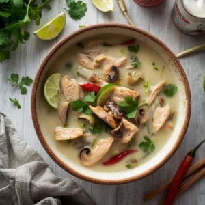 Creamy Thai chicken soup with chili flakes, lime wedges, and cilantro garnish