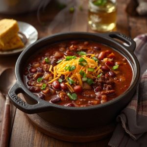 Bowl of cowboy chili topped with shredded cheese and green onions