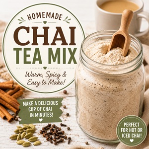 Skip the store-bought mixes and make this delicious Homemade Chai Tea Mix instead! This cozy recipe comes together in minutes and is perfect for holiday gifts, afternoon tea, or everyday from scratch living. It's one more way to embrace simple homemade living with easy pantry recipes.