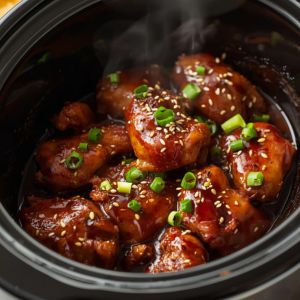 Bowl of crock pot teriyaki chicken served over white rice with sesame seeds and green onions